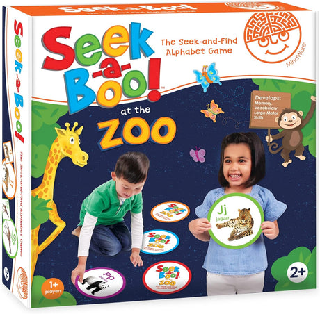 Seek a Boo at the Zoo game box showing children playing with colorful animal and alphabet matching cards.