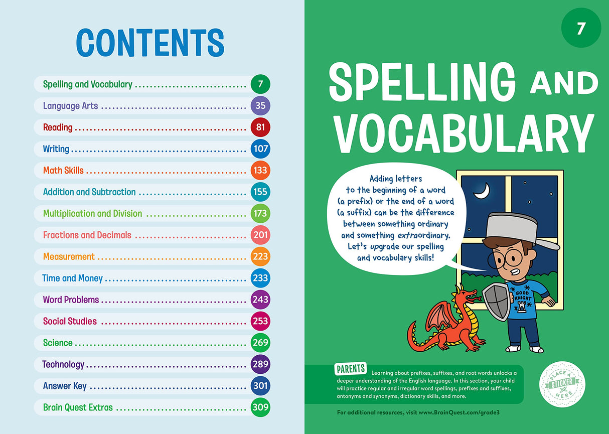 Brain Quest Workbook Grade 3 contents page showing topics including spelling, vocabulary, math skills, and science.