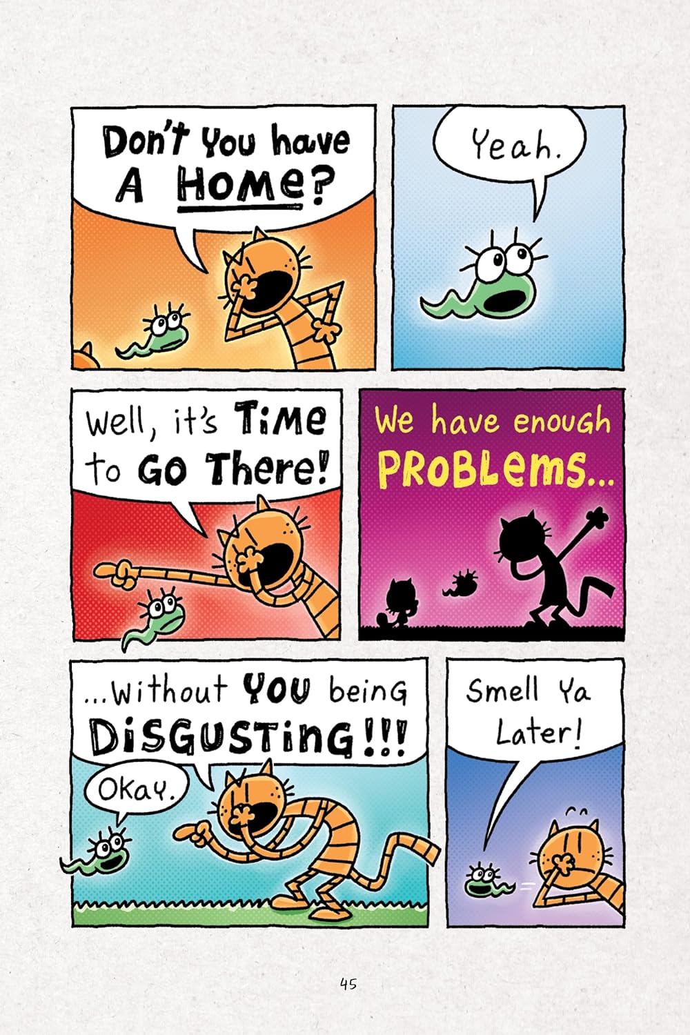 Comic strip from Dog Man #12: The Scarlet Shedder featuring a cat and a green worm in colorful panels.