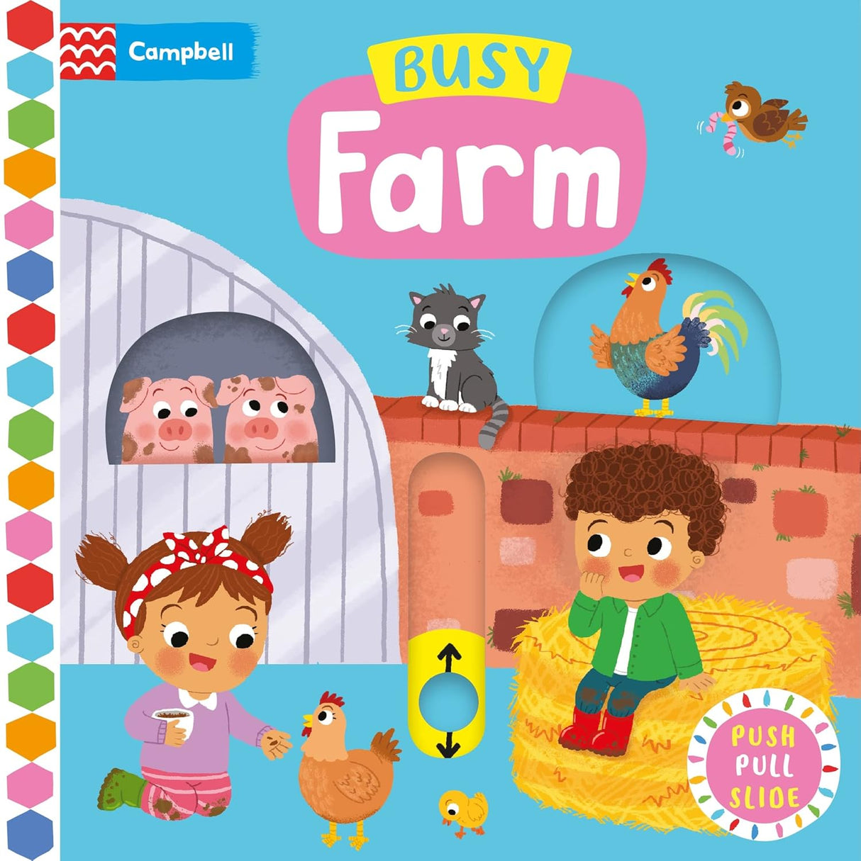 Busy Farm Push/Pull/Slide board book with colorful farm animals and interactive tabs for young children.