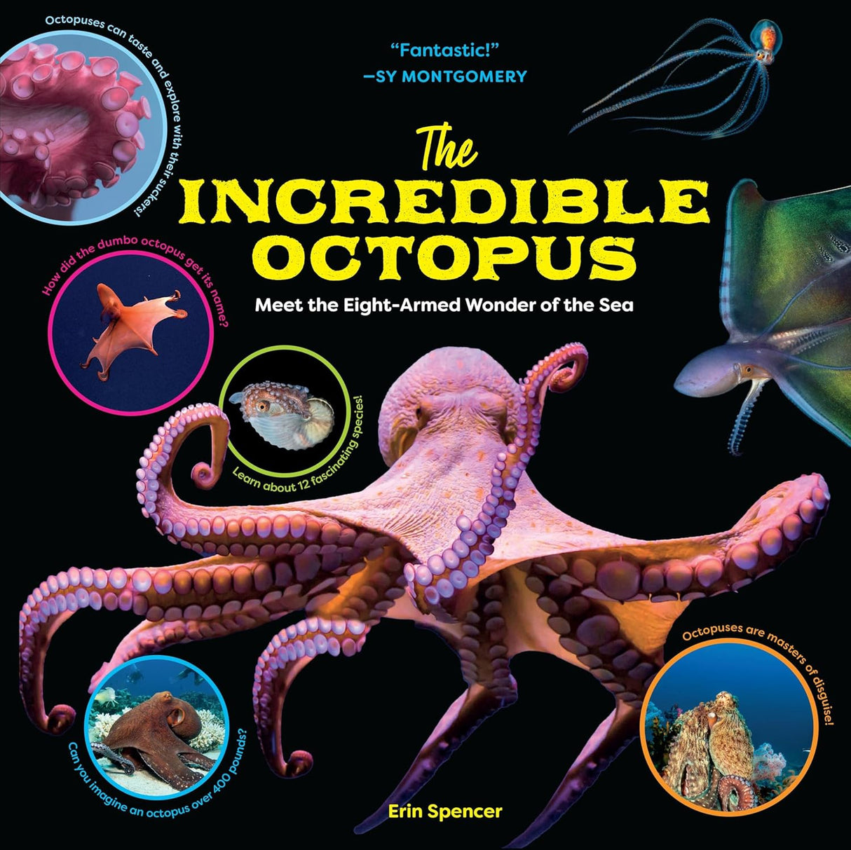 Cover of The Incredible Octopus book showing a large octopus and smaller species with bright text on a black background.