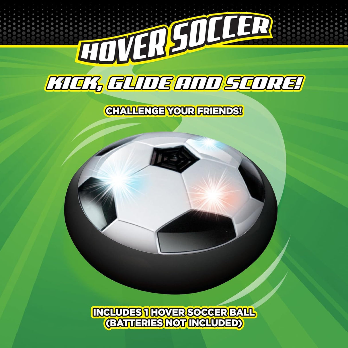 Hover Soccer ball with glowing lights gliding on smooth surface for fast-paced indoor play.