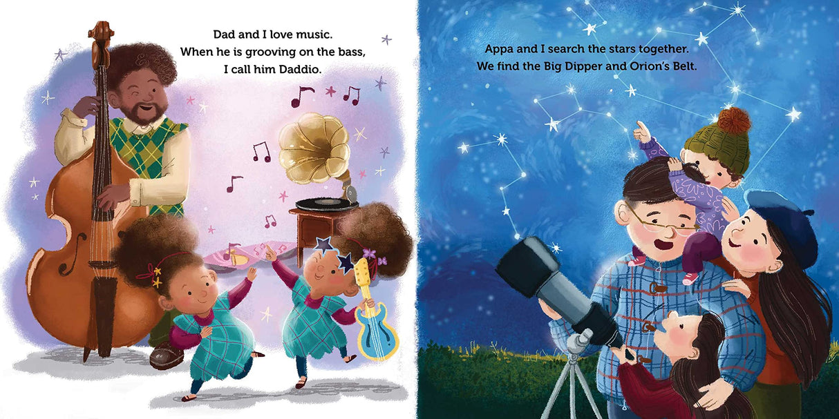 Daddy and Me board book illustration showing a dad playing bass and family stargazing under the night sky.