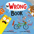 Cover of The Wrong Book showing bright illustrations of a yellow crayon, cat, cow, and a stick figure on a green bicycle.