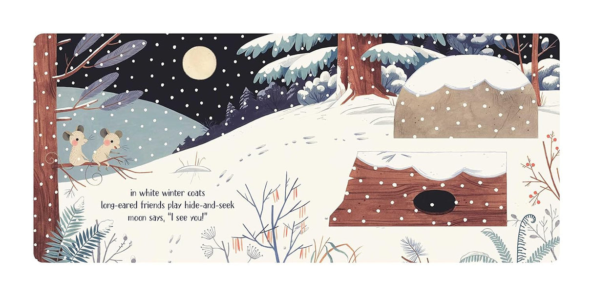 Peek A Boo Haiku Lift the Flaps showing a snowy winter scene with animals hidden behind flaps in a board book for kids.