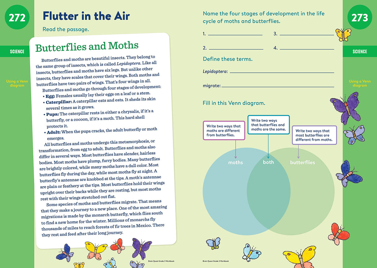 Brain Quest Workbook Grade 3 page with butterflies and moths lesson, Venn diagram, and science questions for kids.