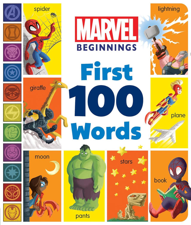 Marvel Beginnings: First 100 Words padded board book featuring Spider-Man, Hulk, Thor, and colorful illustrations for toddlers.