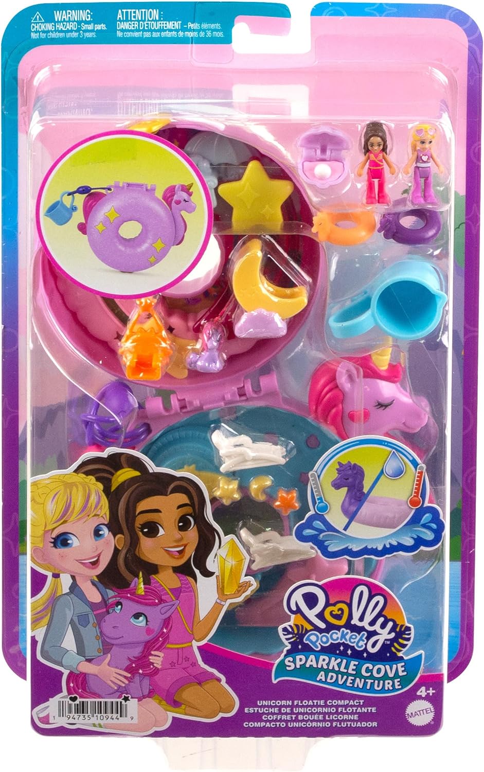 Polly Pocket Sparkle Cove Unicorn Floatie Compact with micro dolls, colorful accessories, and water play features in packaging