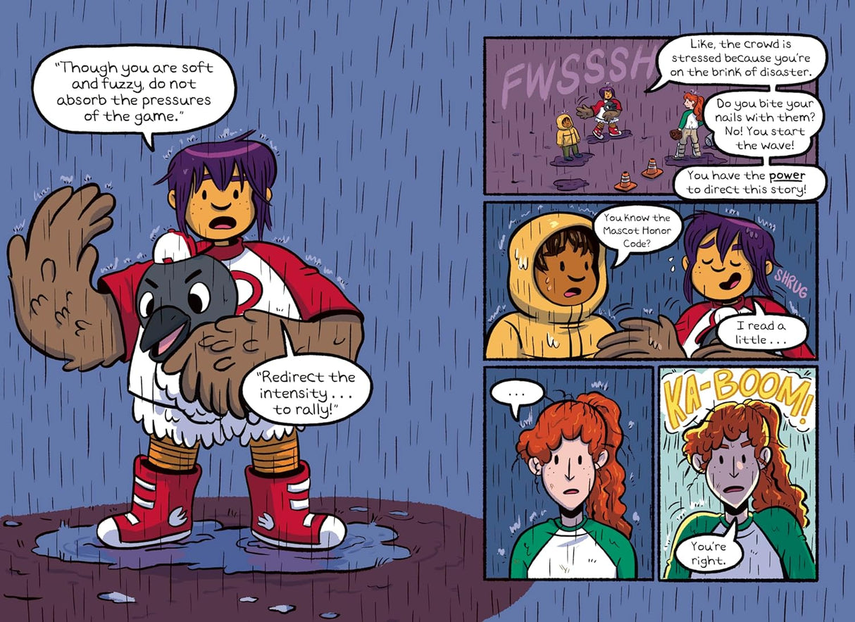 Tryouts book illustration showing a young girl in a baseball uniform holding a glove, preparing to play.