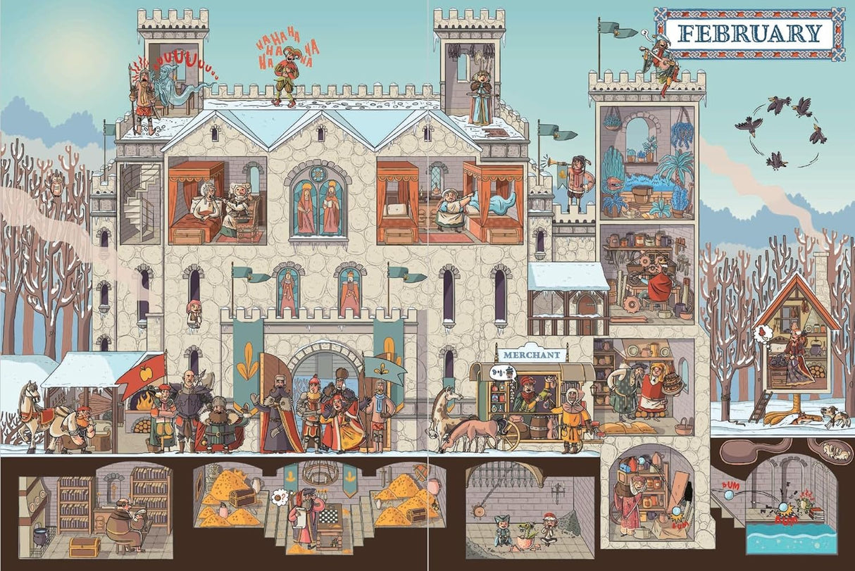 A detailed medieval castle scene in February with lively characters from the book A Year in the Castle.