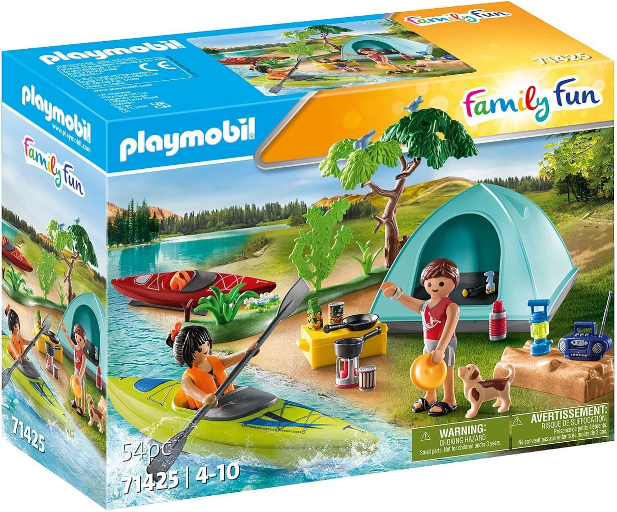 Family Fun | Camping with Campfire playset featuring canoeing, tent, campfire, and figures enjoying outdoor adventure.
