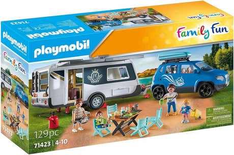 Family Fun | Caravan with Car toy set featuring a car, caravan, camping gear, and play figures for outdoor adventures.
