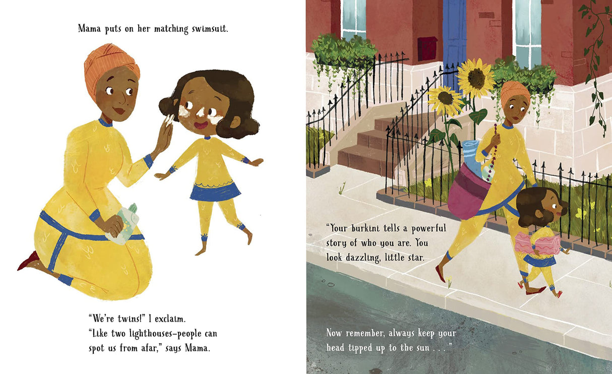A colorful illustration from "A Mermaid Girl" showing Mama and Heba in matching yellow burkinis getting ready for the pool.