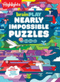brainPLAY Nearly Impossible Puzzles book cover featuring colorful geometric birds and shapes for kids’ brain challenges.