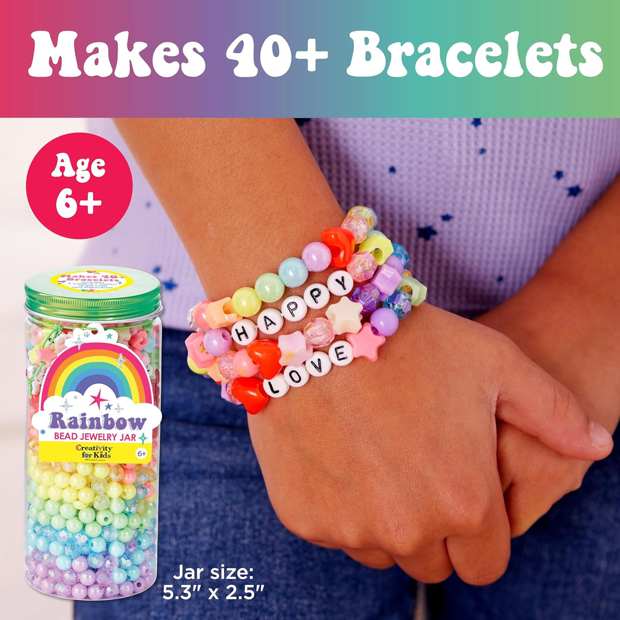 Bead Jewelry Jar | Rainbow with over 900 colorful beads and gel cord for making 40+ bracelets, ideal for ages 6 and up.