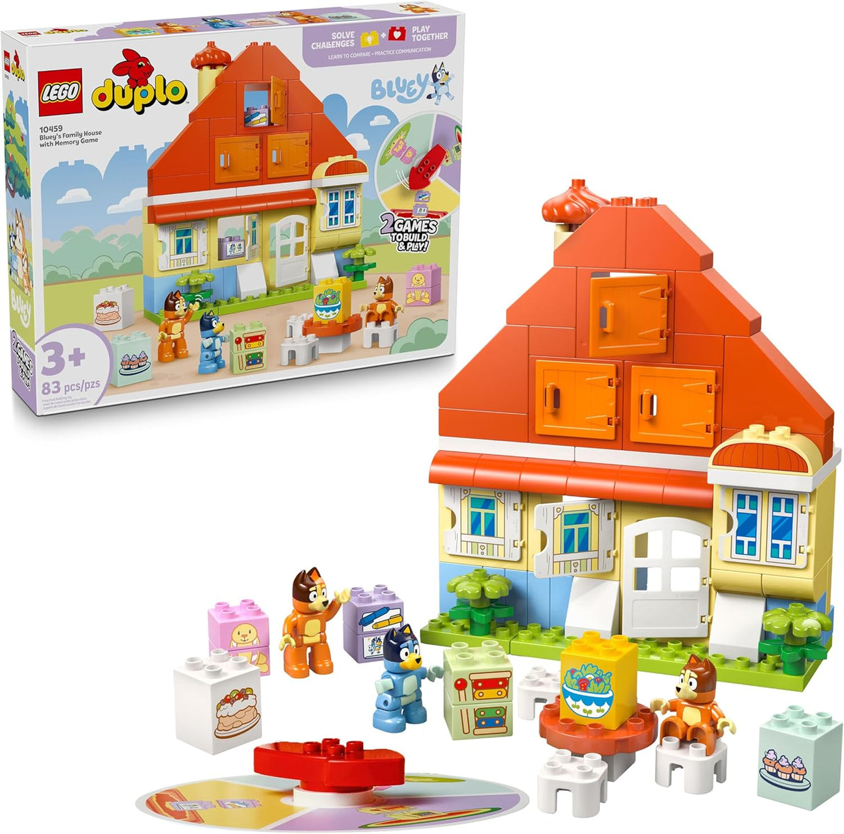 LEGO DUPLO Bluey's Family House set with figures and accessories designed for creative play and memory games for toddlers.