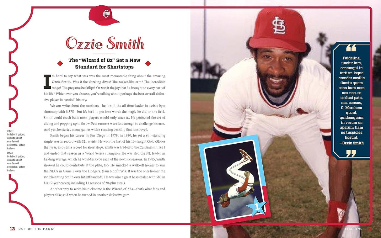 Out of the Park! book spread featuring Ozzie Smith, highlighting his baseball legacy and Hall of Fame moments.