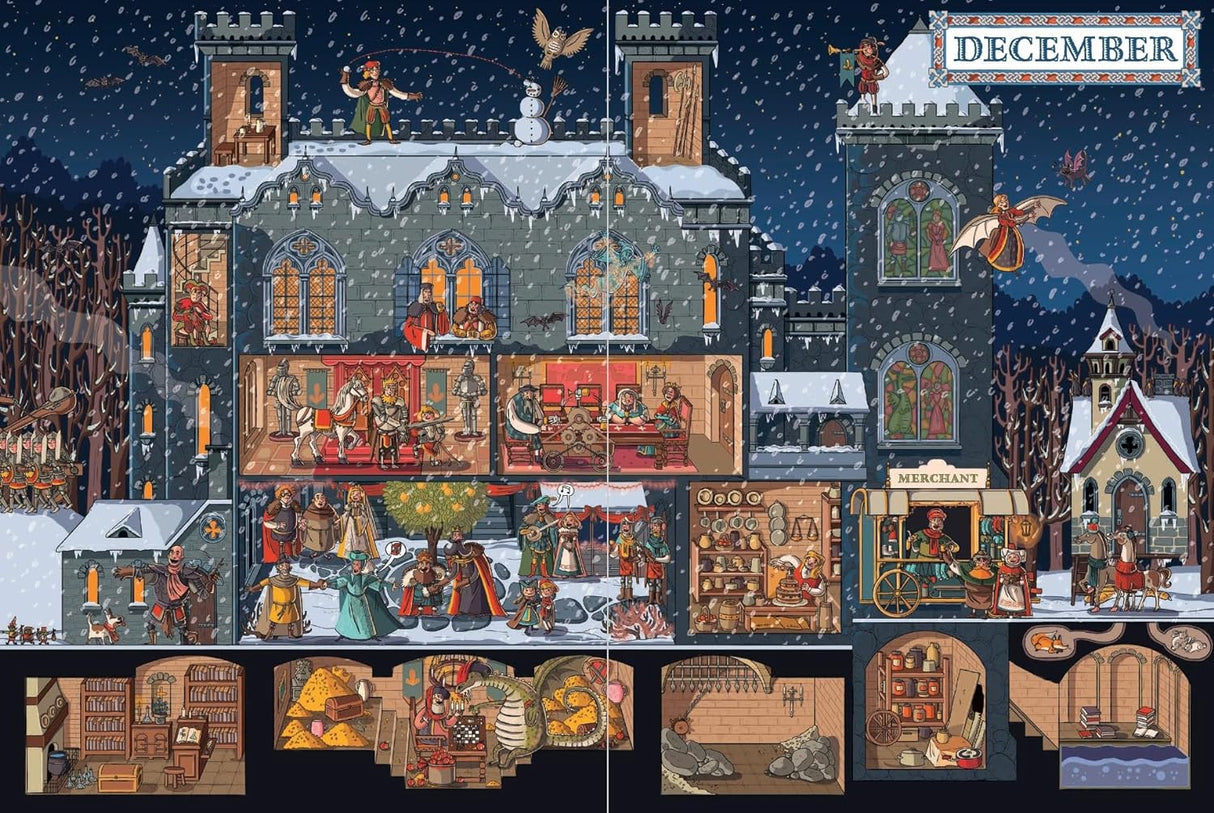 A detailed winter castle scene with characters and activities in "A Year in the Castle" book for children.
