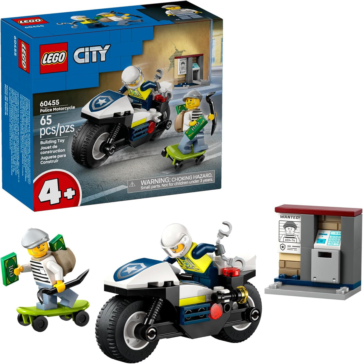 LEGO City police motorcycle chase set with officer, crook on skateboard, and mini ATM playset for kids ages 4 and up.