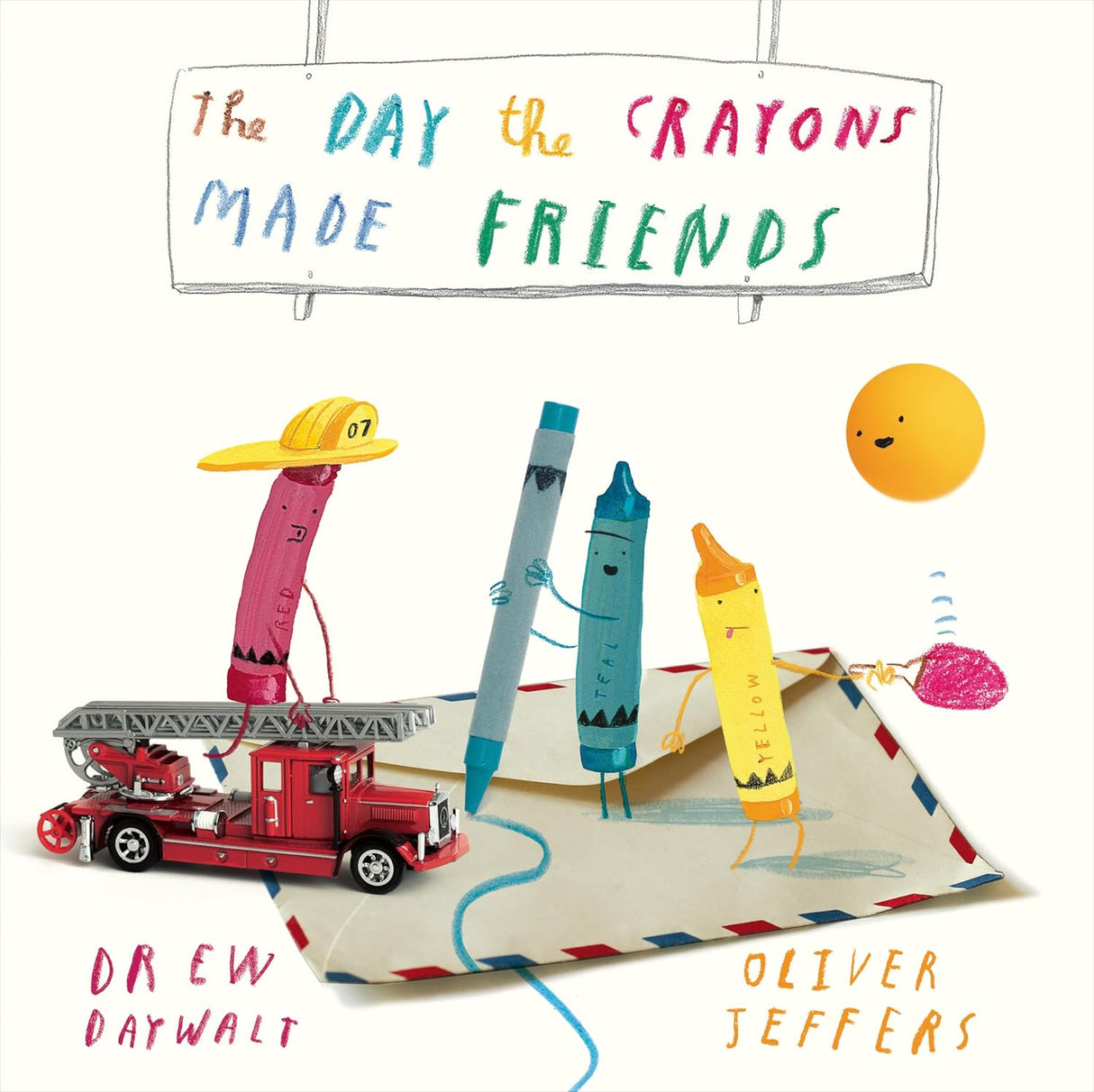 The Day the Crayons Made Friends shows colorful crayons playing with toys on a giant envelope.