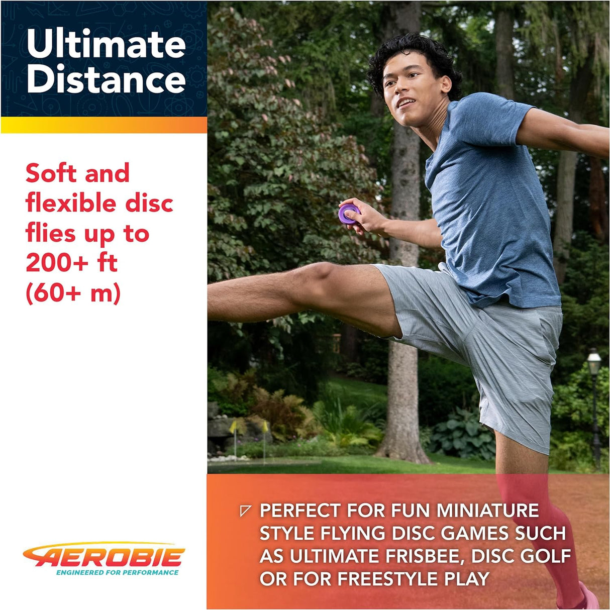 Aerobie Pro Lite miniature throwing disc in purple being thrown by a young man outdoors for ultimate frisbee.