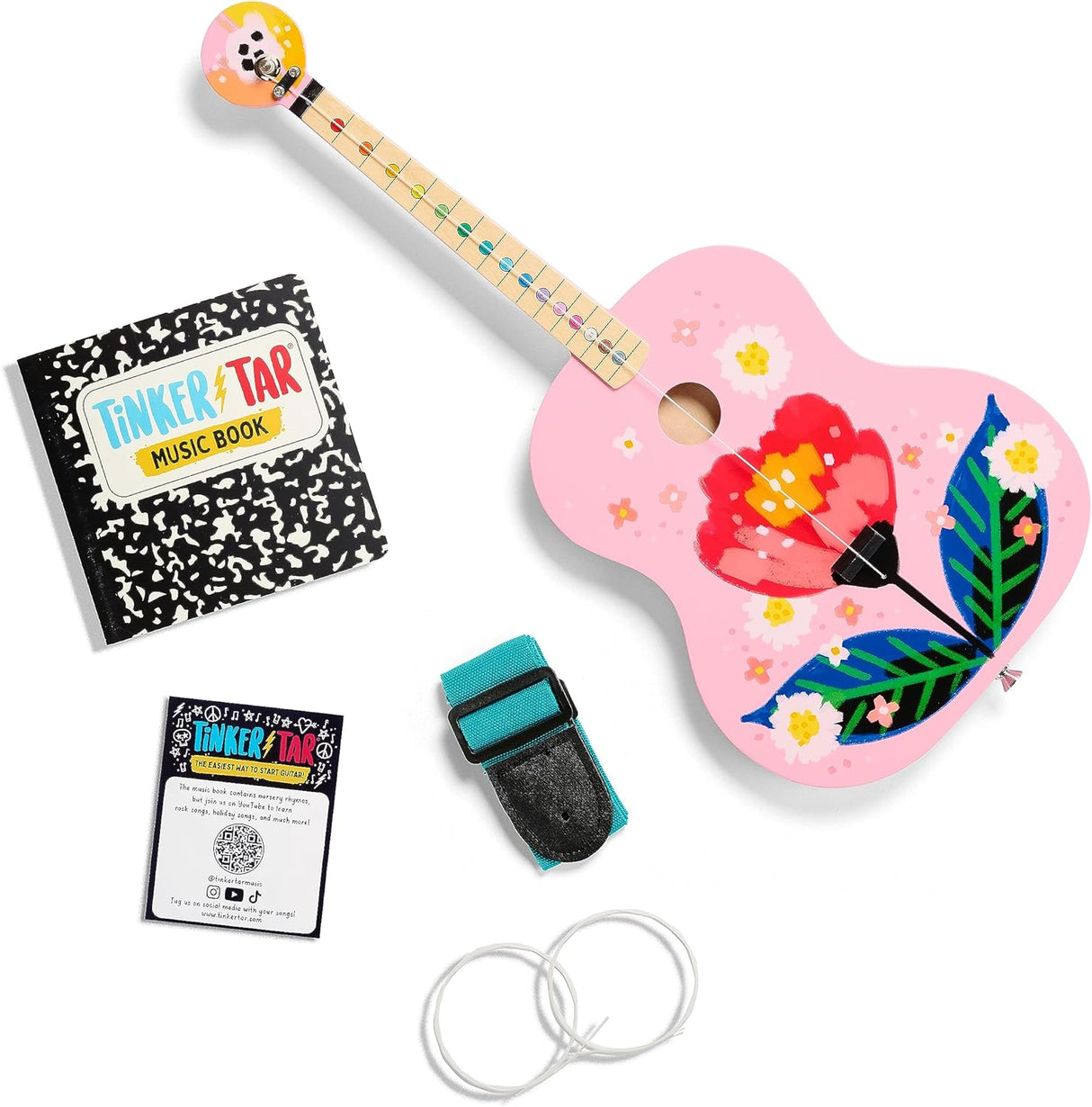 TinkerTar Pink Floral Acoustic 1-string guitar for toddlers with music book, strap, and replacement strings.
