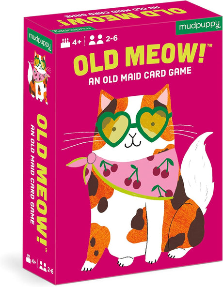 Old Meow! features a colorful cat wearing heart-shaped glasses on a bright pink box for an old maid card game.