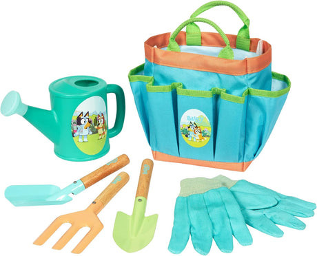 Bluey Garden Set with tote bag, watering can, shovel, rake, and gloves for kids gardening fun and exploration.