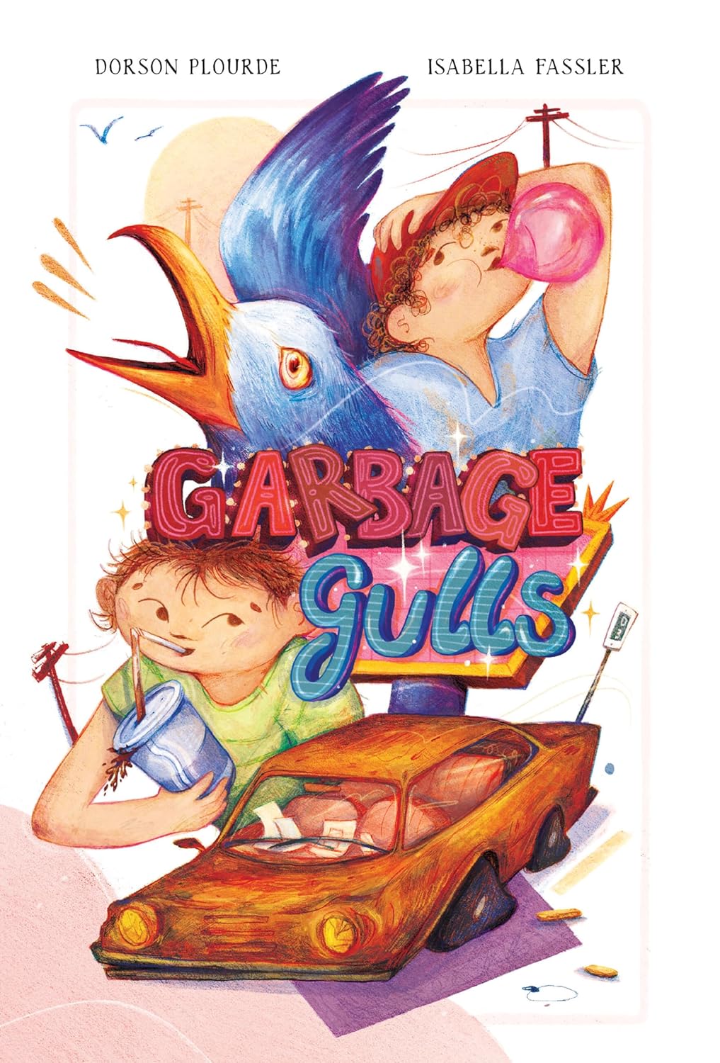 Cover illustration of Garbage Gulls showing two boys, a large seagull, and a rusty car in a colorful, whimsical style.