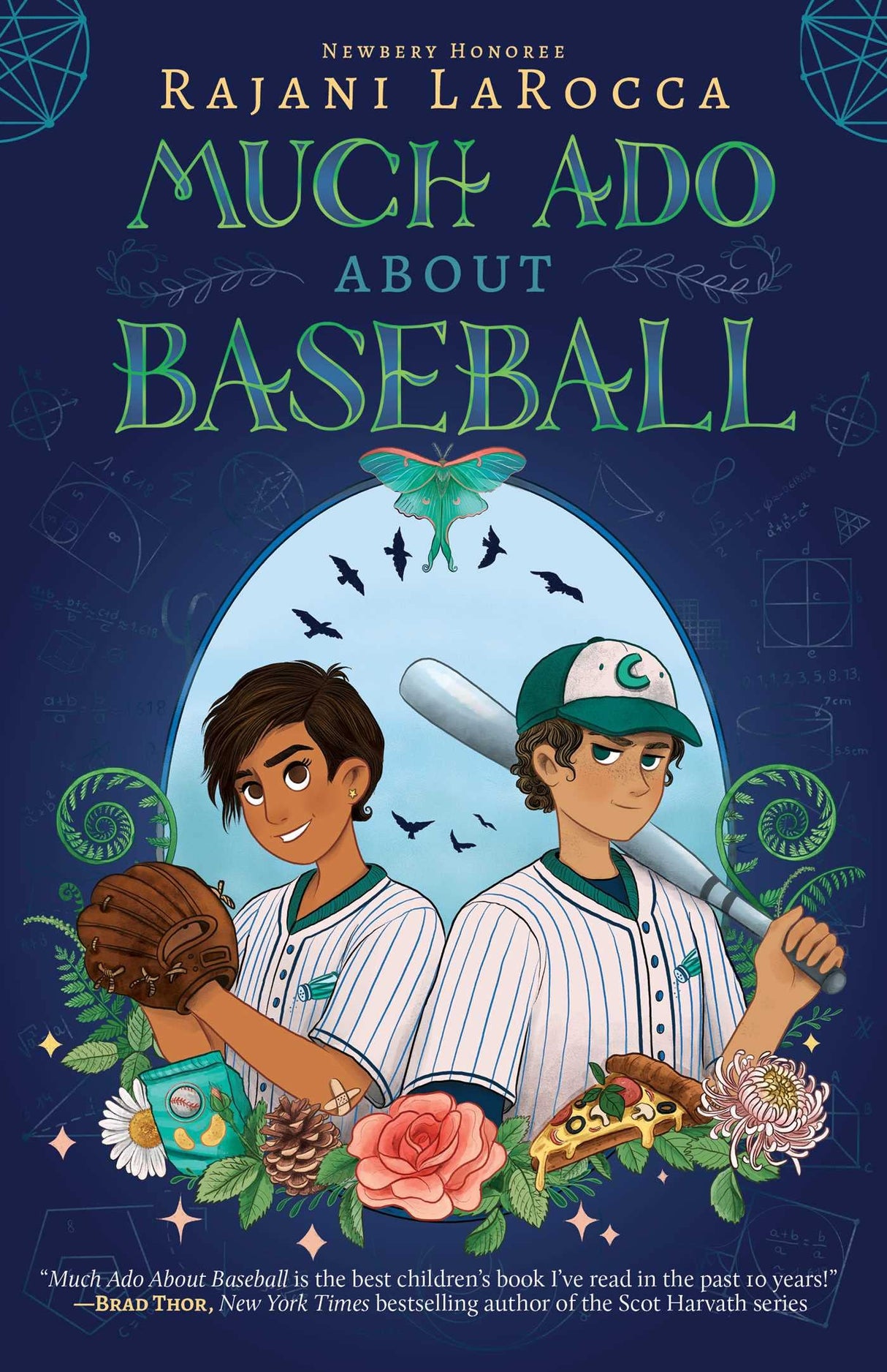 Much Ado About Baseball book cover with two kids in baseball uniforms holding a bat and glove, surrounded by flowers and snacks.