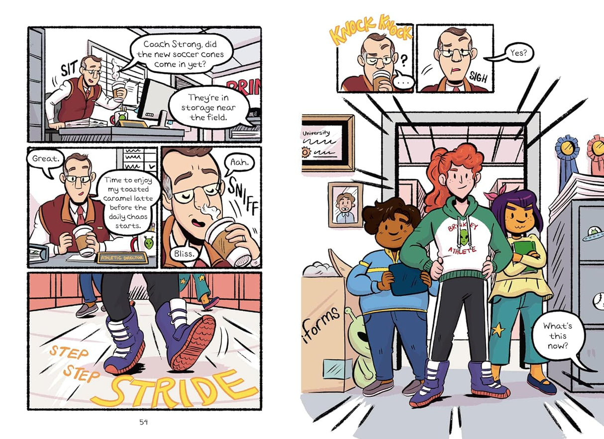 Illustration from Tryouts showing Alexandra and teammates ready for middle school baseball tryouts.