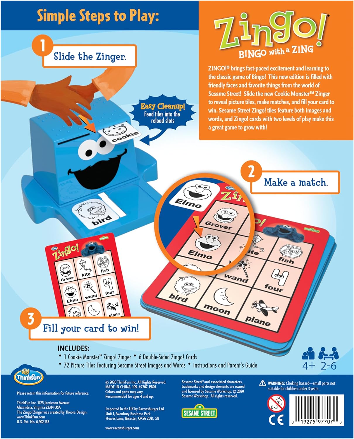 Zingo Sesame Street game showing Cookie Monster Zinger and Bingo cards with Sesame Street characters for kids 4+