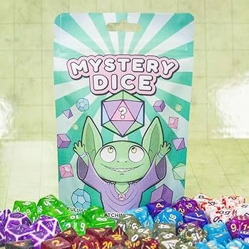 Mystery Dice Bag packaging with colorful polyhedral dice sets and a playful green character on a teal background.