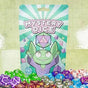 Mystery Dice Bag packaging with colorful polyhedral dice sets and a playful green character on a teal background.