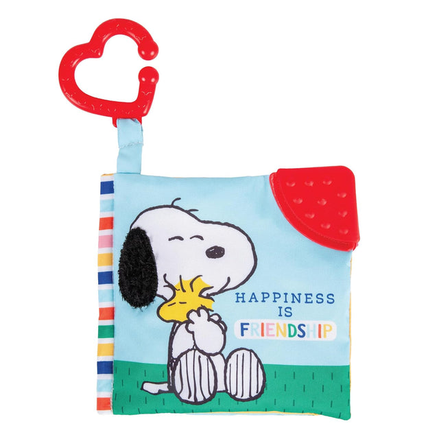Snoopy On-the-Go Soft Book with crinkly sounds, teether, and clip for stroller or car seat, safe for all ages.