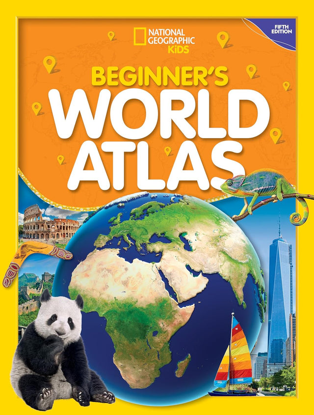 Beginner's World Atlas colorful cover with globe, panda, chameleon, landmarks, and bright kid-friendly design by National Geographic Kids.