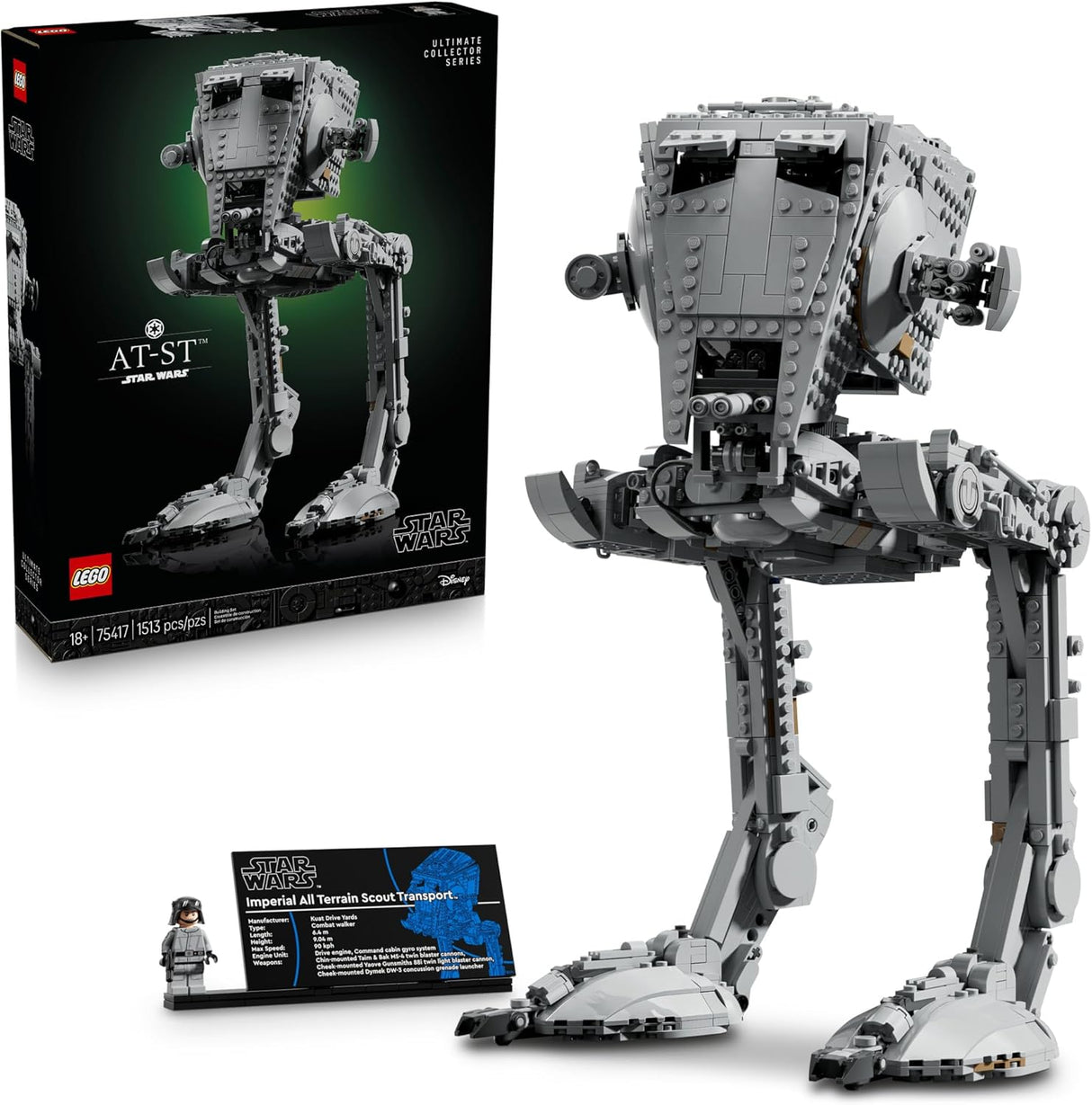 LEGO Star Wars AT-ST Walker model with articulated legs, cockpit, display plaque, and minifigure on white background