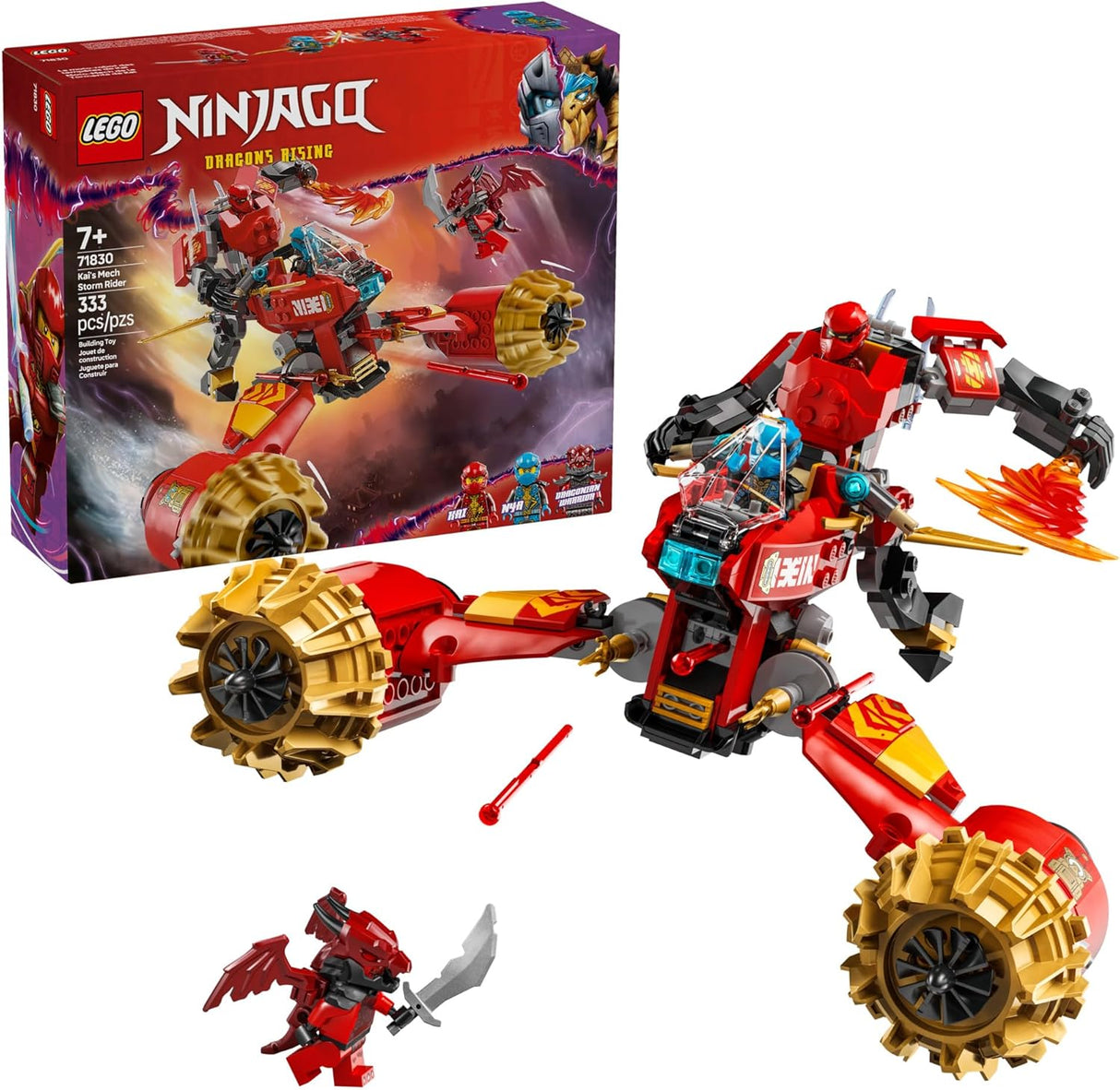 LEGO Ninjago Kai’s Mech Storm Rider with posable mech, flying motorbike, and minifigures for creative play.