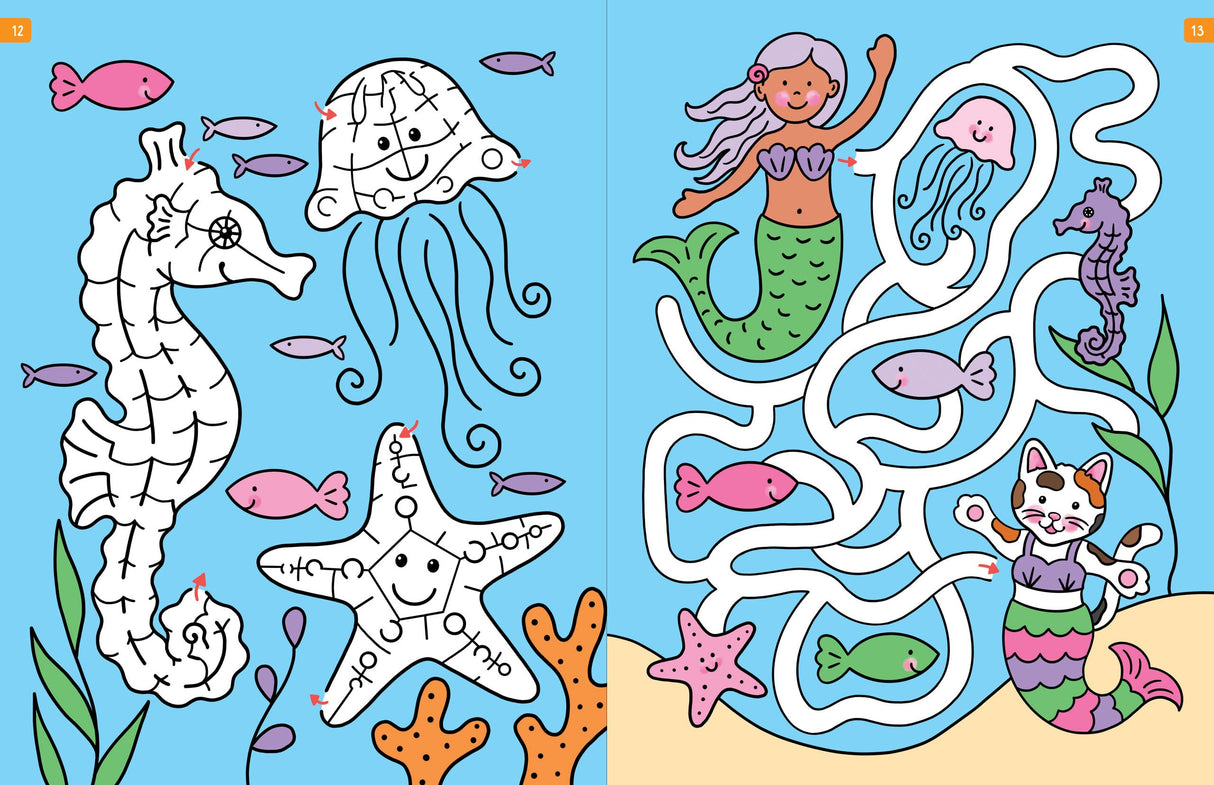 Colorful underwater maze with sea creatures and characters from Challenging Mazes for Clever Kids activity book.