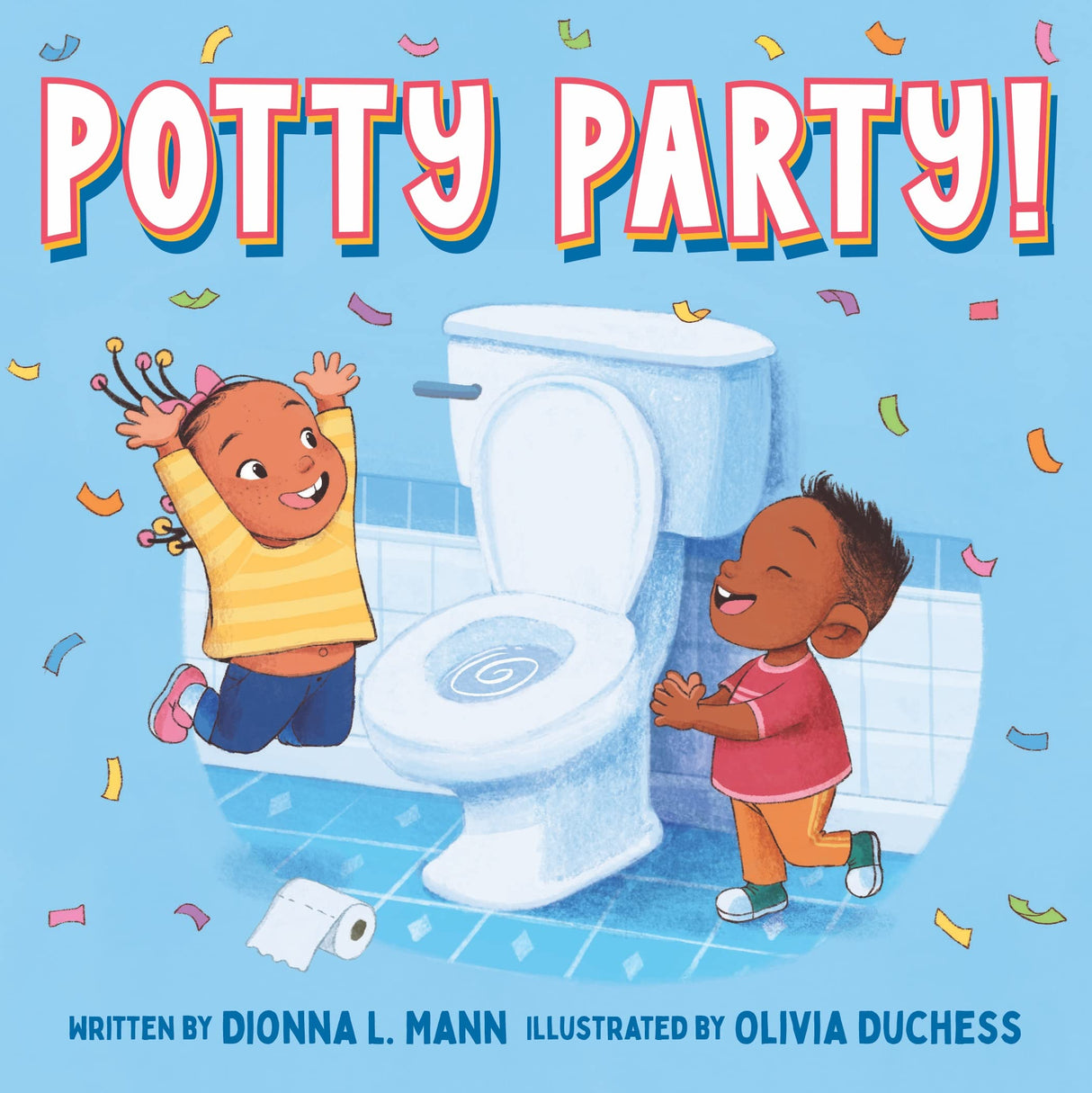 Potty Party! board book cover showing two happy children celebrating near a toilet with colorful confetti around.