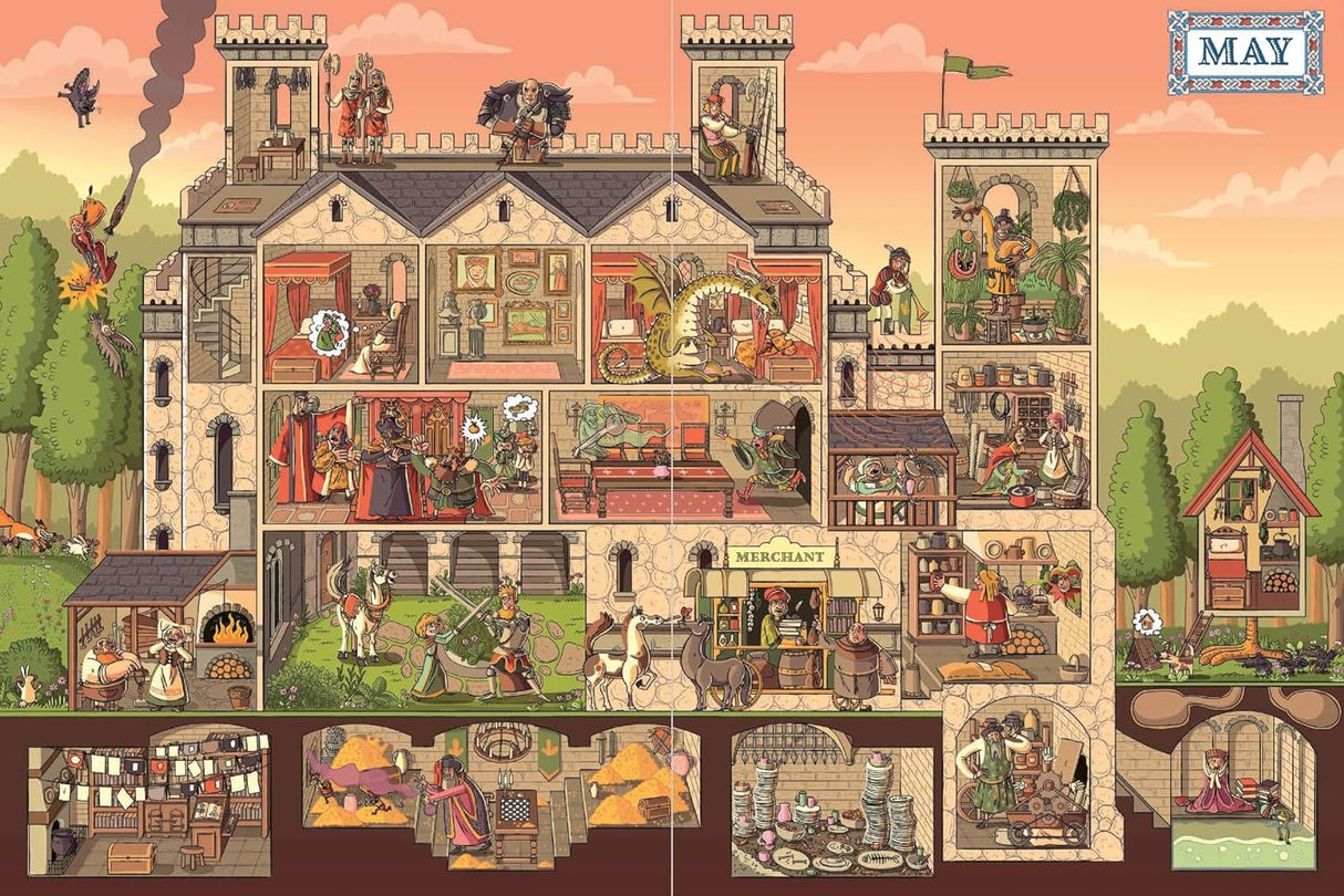 Detailed May scene inside a medieval castle from A Year in the Castle showing characters and lively activities.