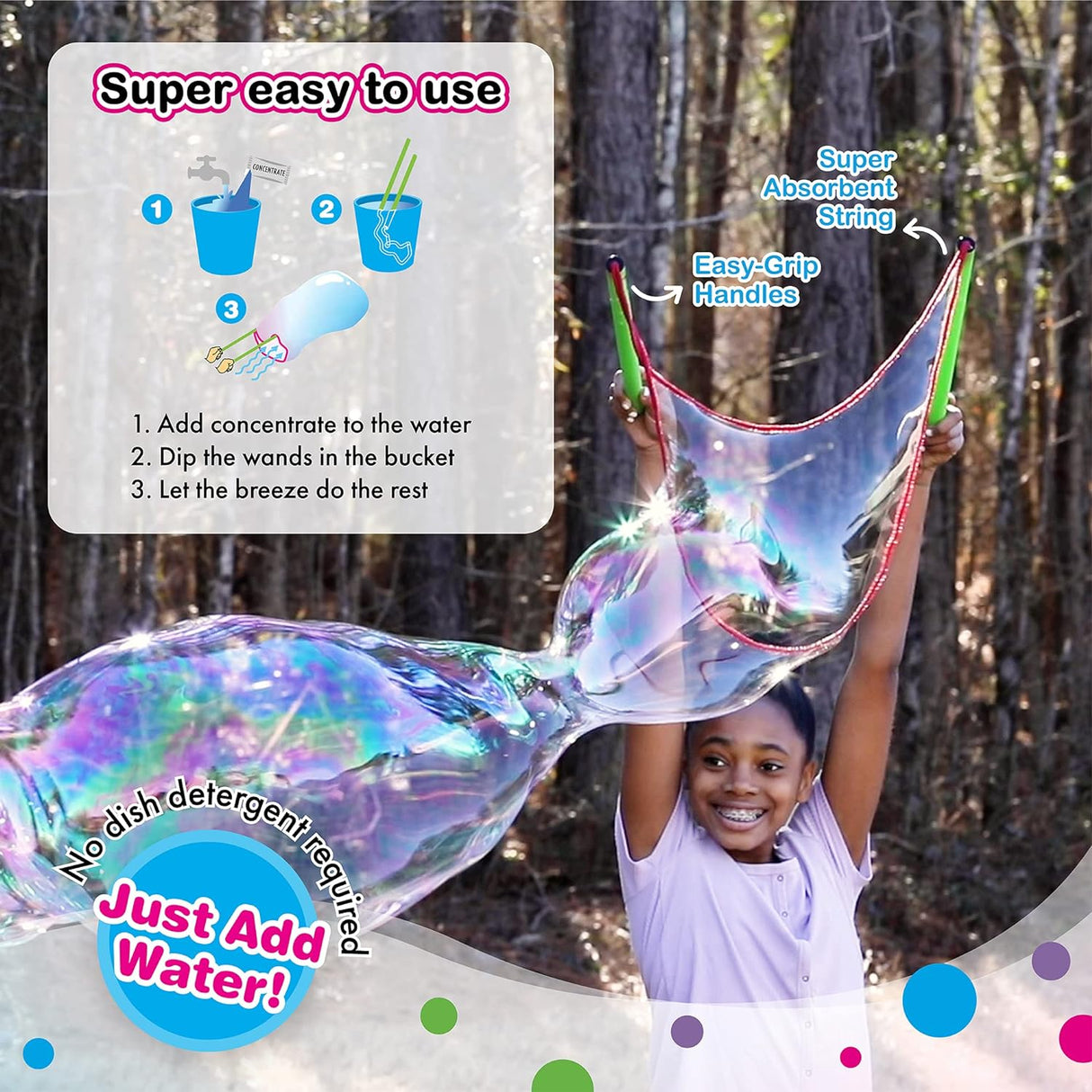 Child using WOWmazing Giant Bubble Wand & Concentrate Kit to create a large colorful bubble outdoors with easy-grip handles and string.