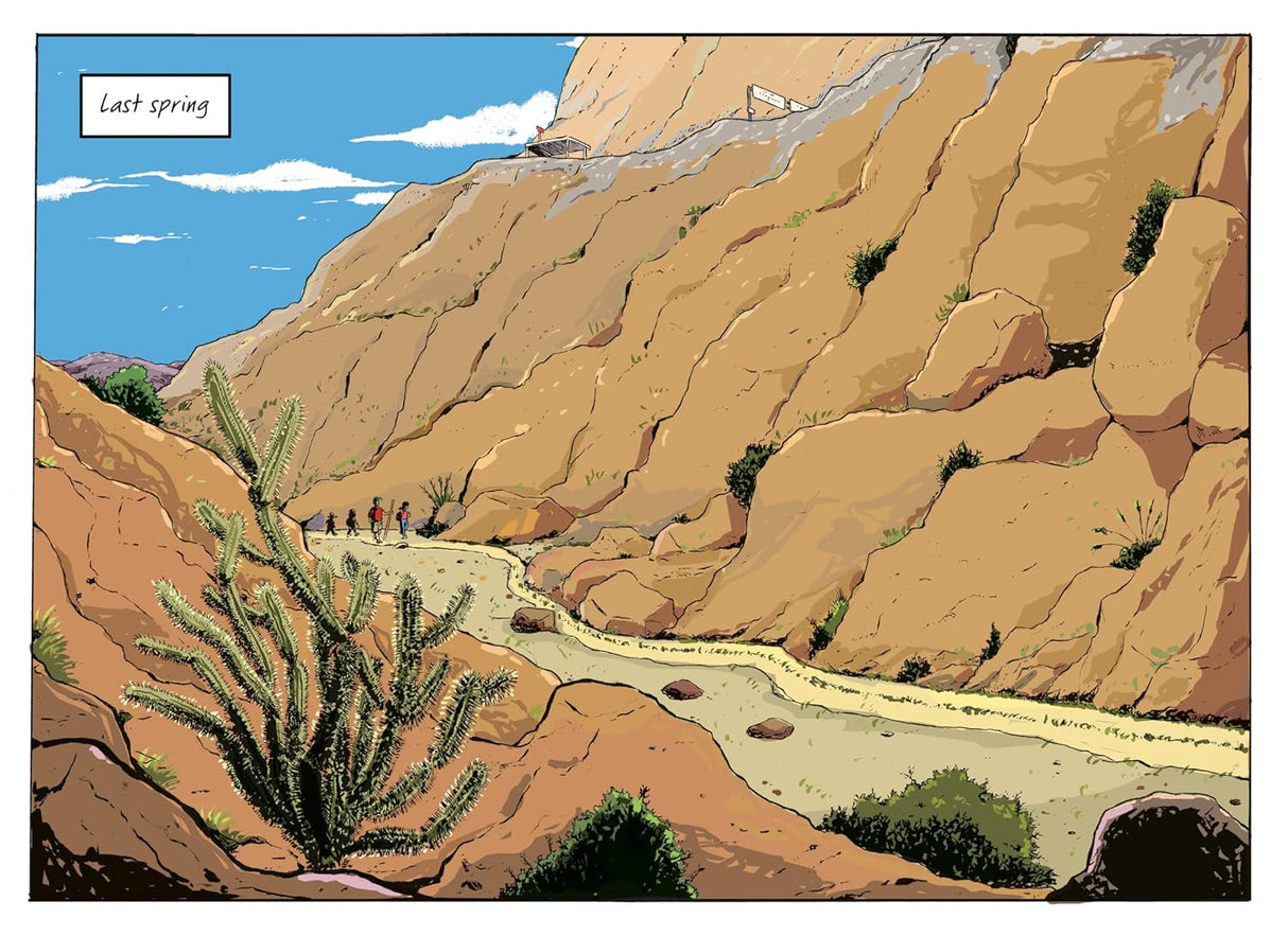 Scenic desert mountain trail with cacti and a group walking, illustration from Halfway to Somewhere graphic novel.