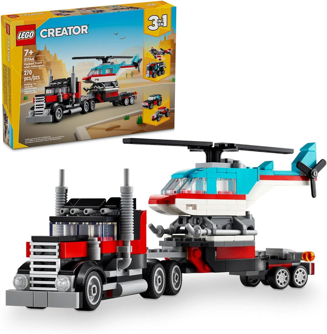 LEGO Creator Flatbed Truck with Helicopter set showing a black and red truck carrying a blue and white helicopter.
