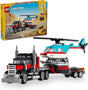 LEGO Creator Flatbed Truck with Helicopter set showing a black and red truck carrying a blue and white helicopter.