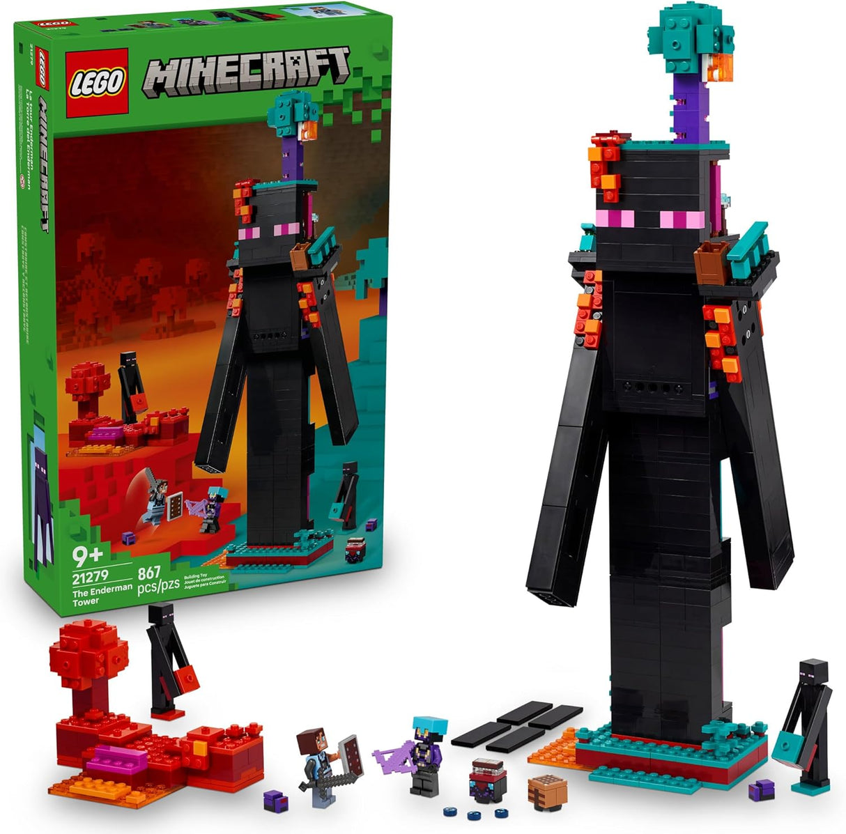 LEGO Minecraft Enderman Tower building set with minifigures and Nether portal for creative play and display.