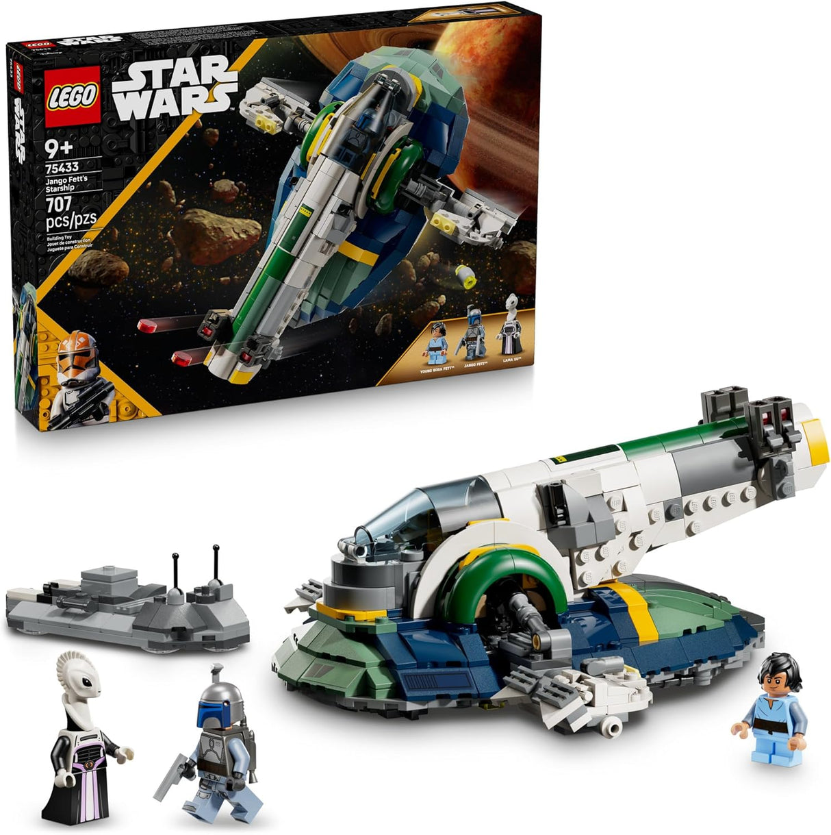 LEGO Star Wars Jango Fett's Starship set with minifigures and detailed buildable spacecraft for ages 9 and up