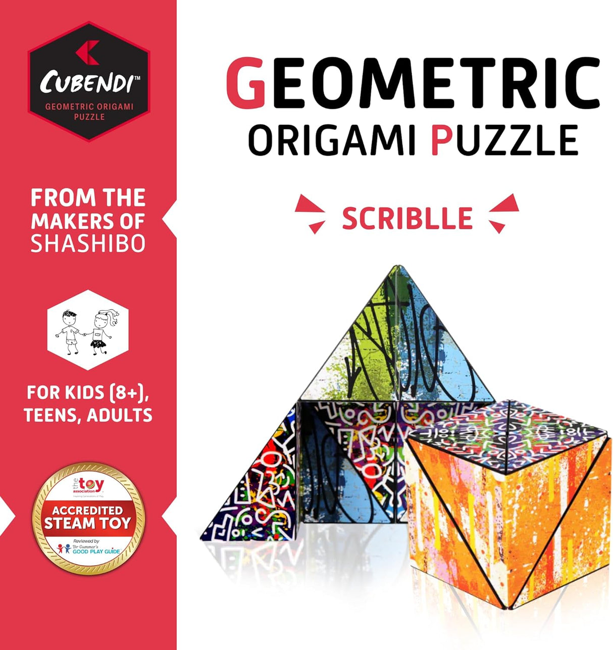 Cubendi | Scribble geometric origami puzzle with colorful urban scribble patterns and magnetic shapes for all ages.