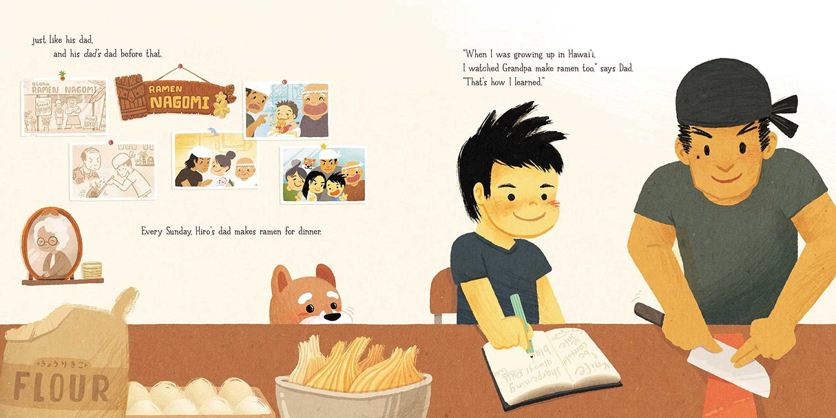 Illustration from Ramen For Everyone showing Hiro and his dad preparing ramen with warm, inviting kitchen scenes.