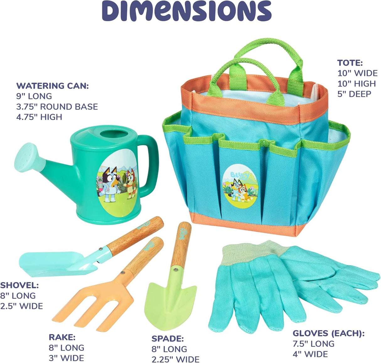 Bluey Garden Set with watering can, tote bag, shovel, rake, spade, and toddler gardening gloves for kids ages 3+